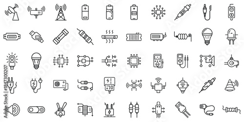 A grid of diverse technology and electronic icons showcasing modern connectivity and energy.