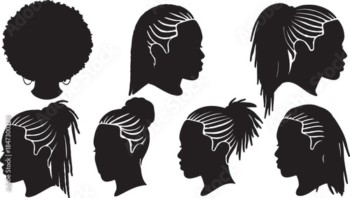 Set of silhouette afro girl. Collection of black  woman face  with stylized hairstyle. Vector illustration of girl head with stylized haircut.