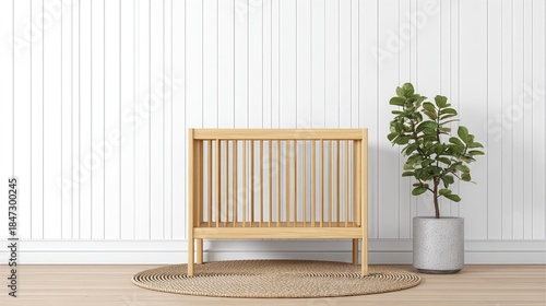 Minimalist nursery interior features light wood crib and potted foliage beside paneled wall