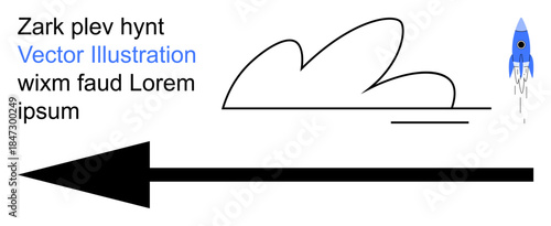 Space exploration, innovation direction, progress navigation, futurism, minimal art, journey concept. Bold arrow with cloud lines and a small rocket ascending. Space exploration and innovation