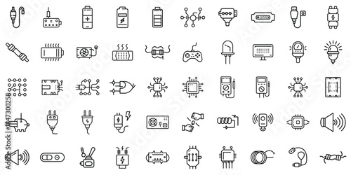 A collection of various technology and electronics icons in a monochromatic design.