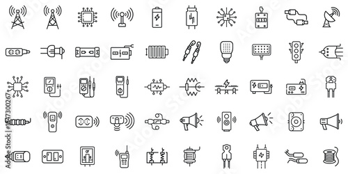 A collection of various electronic and electrical device icons in a minimalist line art style.