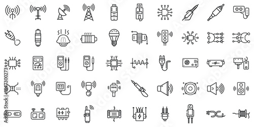 Collection of various technology icons including plugs, antennas, and circuit elements in black and white.