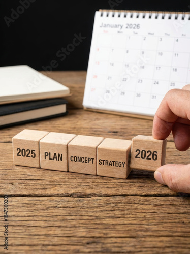 New business of new year business plan concept strategy changechallenge year new goal 2026 wood block and calendar on table for future vision and growth