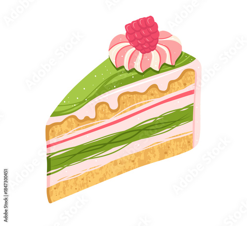Piece of Cake with raspberry colorful dripping glaze texture illustration. Sweet bright holiday bakery pie art. Vector hand drawn cartoon design for menu signboard, showcase print, poster, wallpaper