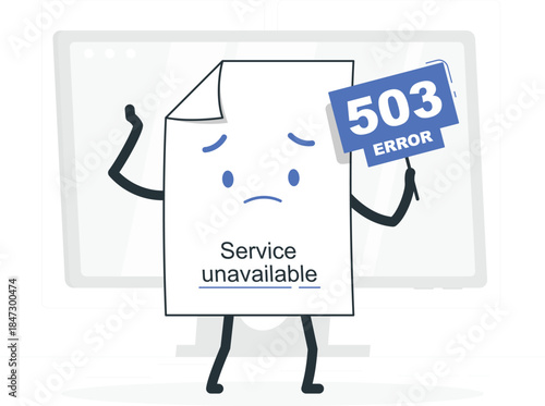 A distressed document character holding an error sign in front of a computer monitor displaying a service unavailable message