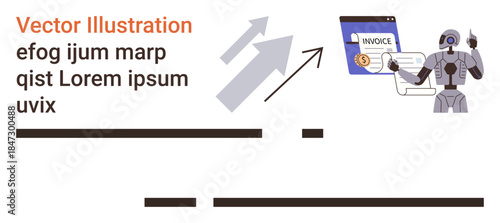 Finance, automation, technology, robotic process, AI solutions, business software. A robot managing invoice processing with upward arrows growth. Finance and automation innovation concept