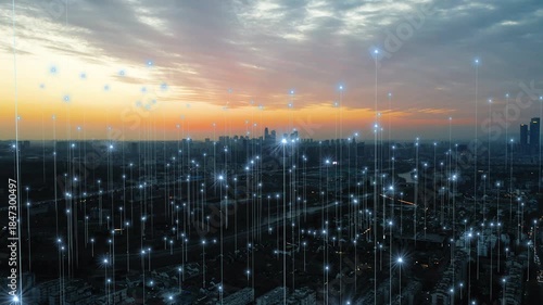 smart Connected city skyline. Futuristic network concept, city Technology.