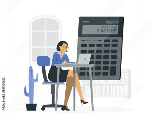 Woman working on laptop with calculator