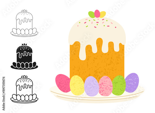 Easter cake and eggs for Happy Easter symbol cartoon set. Holiday Easter bakery cute sweet bread with icing sweet pastry linear doodle icon. Hand drawn vector grainy texture isolated illustration