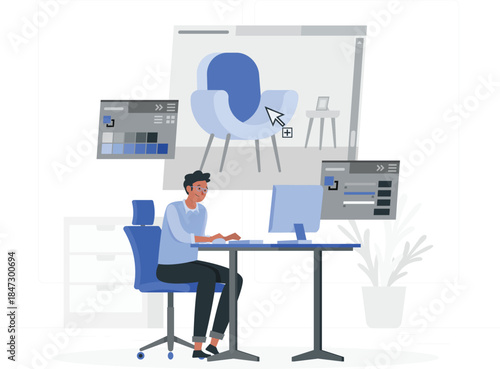 A man working on a computer with graphic design software open on the screen in a modern office environment.