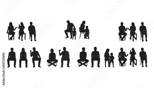 Sitting People Silhouette Vector – Men, Women & Teenagers on Bench or Chair, Profile View, Business Group, Isolated PNG