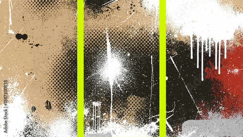 Abstract grunge background triptych with neon frames splatters paint splotches dripping paint and halftone pattern dirty surface.
