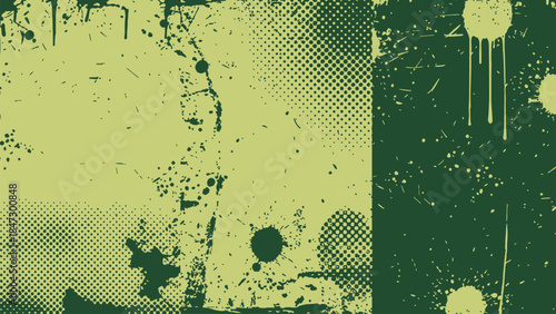 Abstract grunge background with splatters paint splotches dripping paint and halftone pattern on dirty scratched surface retro style.