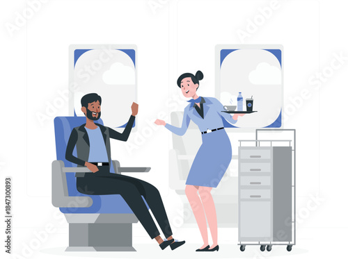 Flight attendant serving a passenger on an airplane