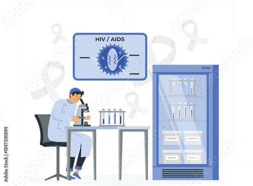 Scientist Examining HIV/AIDS Specimen in Laboratory Setting Near Refrigerator