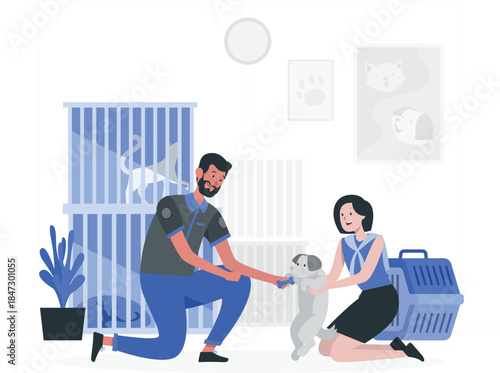 Couple adopting a dog from a shelter at home with a pet carrier
