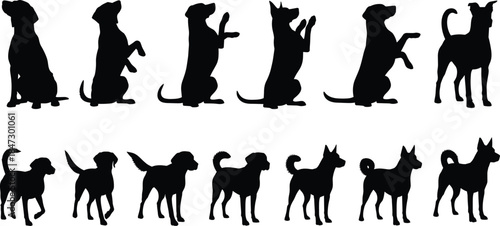 Dog silhouette vector collection, sitting dogs, walking dogs, pet poses, black dog icons, animal behavior, canine clipart, stock illustration