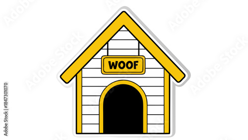 Cute Yellow Dog House Cartoon Icon with "WOOF" Sign