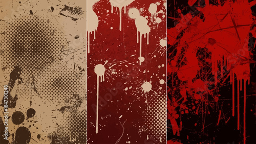 Set of three grunge distressed textured backgrounds with splatters and drips, abstract graphic elements for art and design projects.