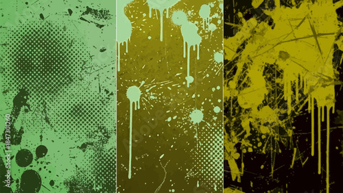 Grungy backgrounds set with ink splatters dots and lines on shades of green and yellow creating abstract distressed textures.