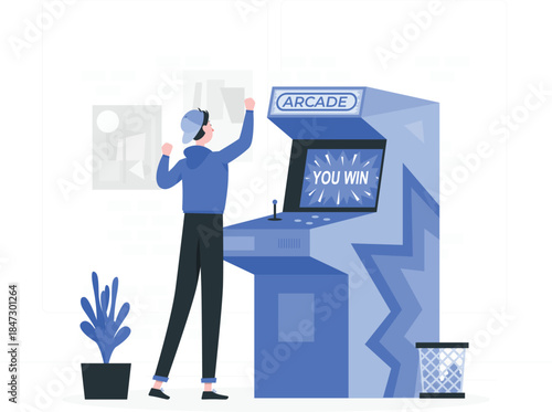 A person celebrating a win in front of an arcade machine with a plant nearby indoors