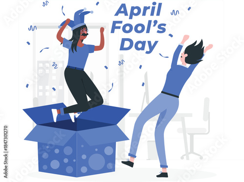 Two women celebrating April Fool's Day by jumping out of a large box in an office environment