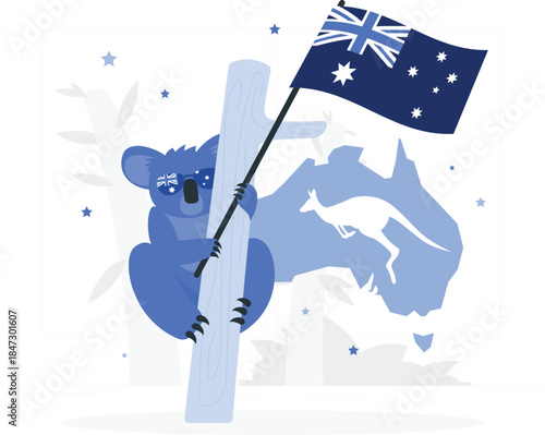 Koala holding Australian flag on a pole with map of Australia in the background illustration