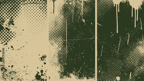 Abstract grunge background green and beige texture scratched distressed effect with halftone dots and paint splatters.