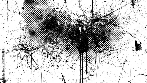 Abstract grunge background, black and transparent texture scratched, distressed effect with halftone dots and splatters.