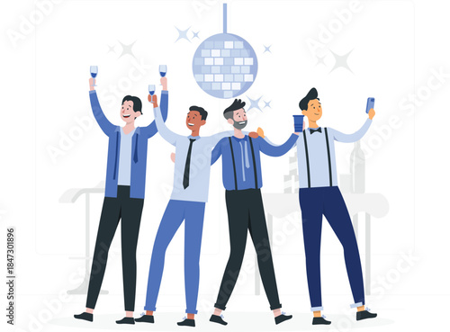 Four businessmen celebrating a successful deal while taking selfies together at a modern office space