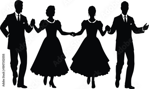 Elegant dancing couples silhouette illustration showing traditional ballroom movement with men and women holding hands, classic dance performance artwork