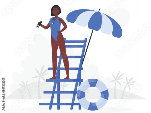 Woman in swimsuit standing on ladder under beach umbrella with lifebuoy