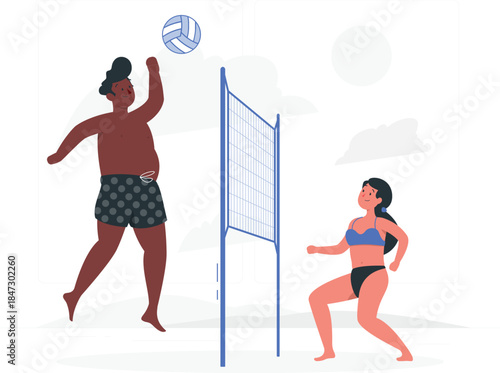 Couple playing volleyball on a sandy beach during a sunny day