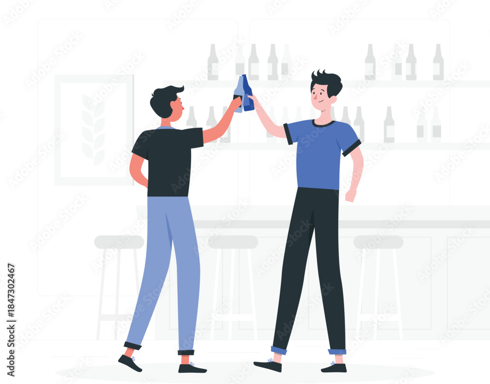 Obraz premium Two men toasting with drinks in a modern bar environment