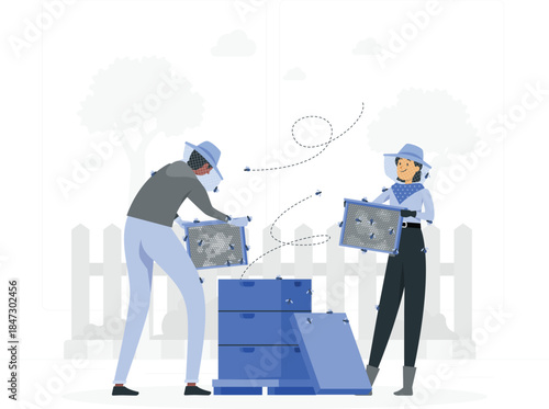 Beekeepers managing honeycombs