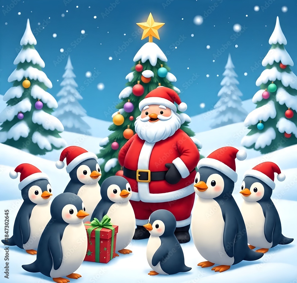 Fototapeta premium Santa with cute little penguins 