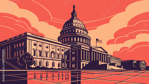 Washington dc skyline features the iconic united states capitol building. Suitable for travel websites, brochures, history books, and patriotic designs.