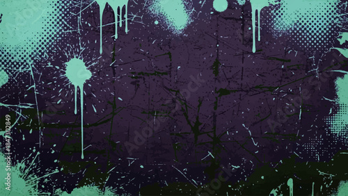 A vintage distressed grunge background in dark purple with mint green accents featuring paint splatters, drips, and halftone patterns.