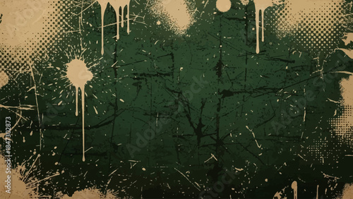 A vintage distressed grunge background in dark green with beige accents featuring paint splatters, drips, and halftone patterns.
