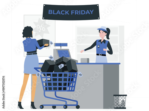 Woman shopping on Black Friday at a retail checkout counter with a cashier