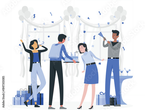 People celebrating a festive occasion together in a decorated room with confetti and gifts