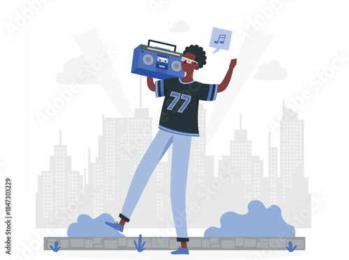 Person dancing with boombox in city