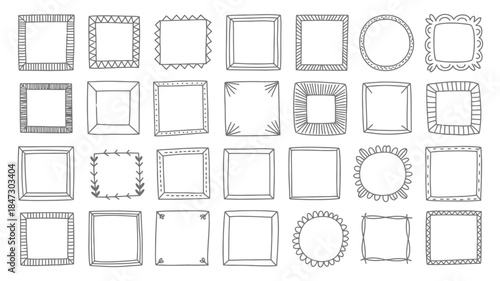 A charming collection of hand drawn doodle style square and circular frames with playful patterns