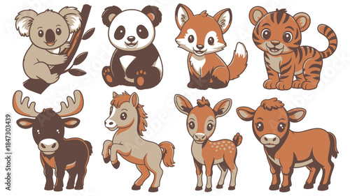 A charming set of eight adorable baby cartoon animals on a clean white background