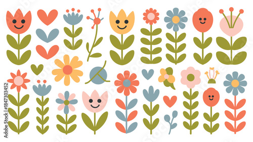A cheerful pattern displays many cute cartoon flowers some with happy faces alongside little pastel hearts