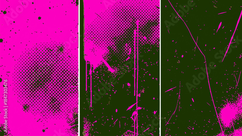 Set of three vibrant pink and dark green grungy backgrounds with halftone dots, paint splatters, and scratch textures.