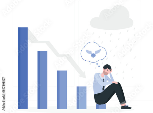 Man sitting under rain cloud thinking about decline in business graph
