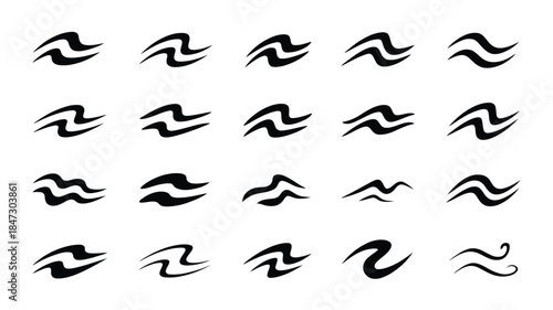 A collection of various stylized black wavy shapes illustrating fluid movement or sound vibrations on a bright white background