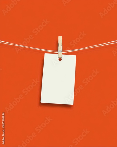 A blank tag hangs from a clothesline with a simple clip.